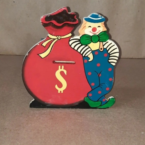 Moneybag Clown Piggy Bank Vintage Justen Products Wood Coin Bank - Picture 2 of 9